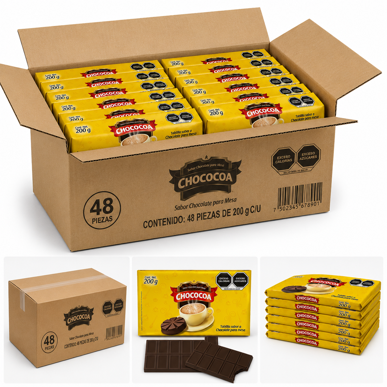 Chocolate de Mesa Marqueta Chococoa Caja con 48 Piezas de 200 g c/u (Contenido Total: 9.6 kg) para Bebidas y Preparaciones de Chocolate
