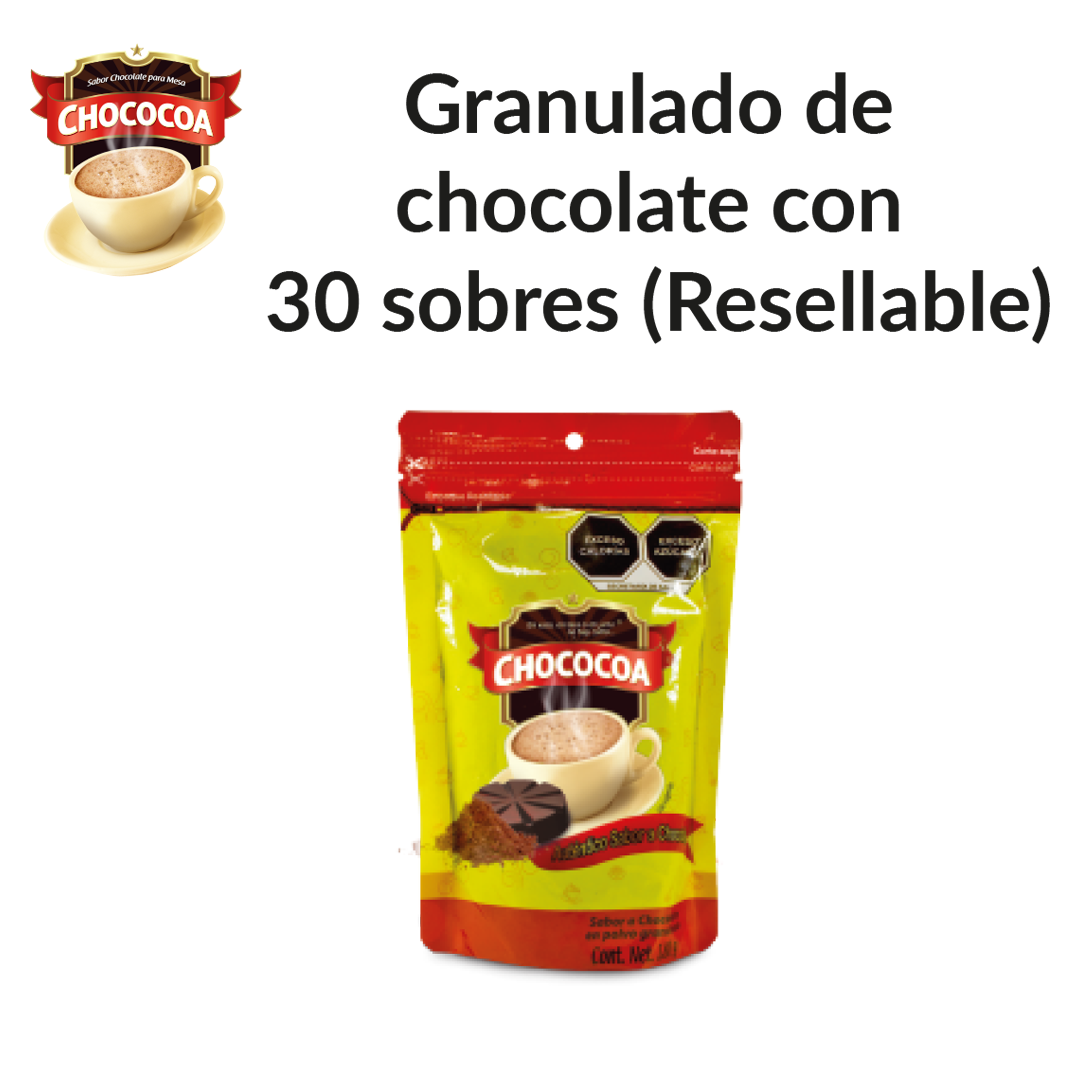 Chocolate de Mesa Granulado Chococoa Caja con 30 Empaques Resellables de 180 g c/u (Contenido Total: 6.48 kg) para Bebidas y Repostería