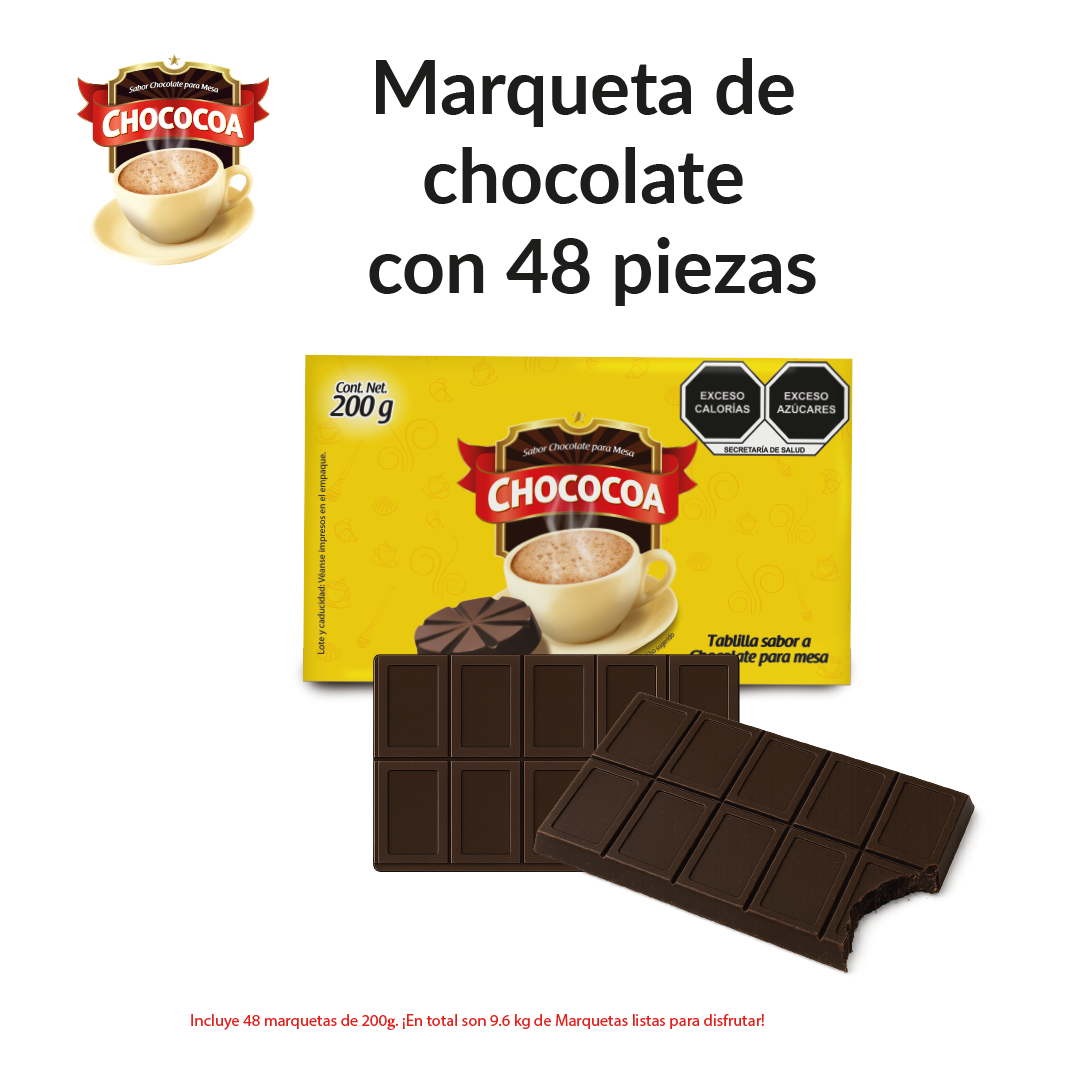 Chocolate de Mesa Marqueta Chococoa Caja con 48 Piezas de 200 g c/u (Contenido Total: 9.6 kg) para Bebidas y Preparaciones de Chocolate