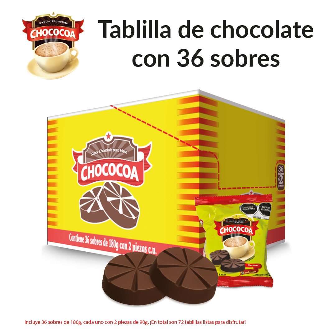 Chocolate de Mesa Doble Tablilla Chococoa Caja con 36 Empaques de 180 g c/u, 2 Tablillas de 90 g por Empaque (Contenido Total: 6.48 kg)