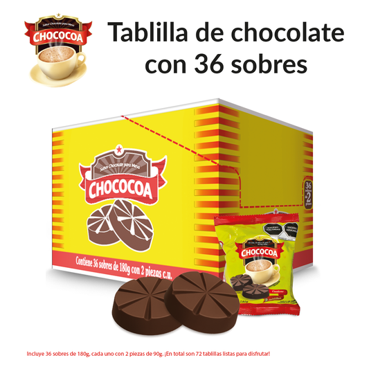 Chocolate de Mesa Doble Tablilla Chococoa Caja con 36 Empaques de 180 g c/u, 2 Tablillas de 90 g por Empaque (Contenido Total: 6.48 kg)