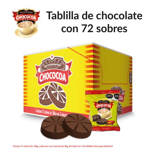 Chocolate de Mesa Doble Tablilla Chococoa Caja con 72 Empaques de 180 g c/u, 2 Tablillas de 90 g por Empaque (Contenido Total: 12.96 kg)