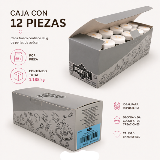 Perlas de Azúcar Plateadas Bakersfield Caja con 12 Piezas de 99 g c/u (Contenido Total: 1.188 kg) para Decoración de Repostería