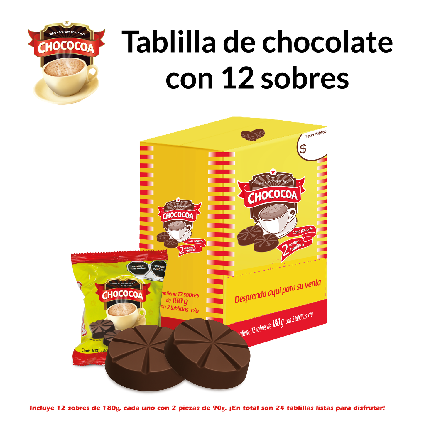 Chocolate de Mesa Doble Tablilla Chococoa Caja con 12 Empaques de 180 g c/u, 2 Tablillas de 90 g por Empaque (Contenido Total: 2.16 kg)